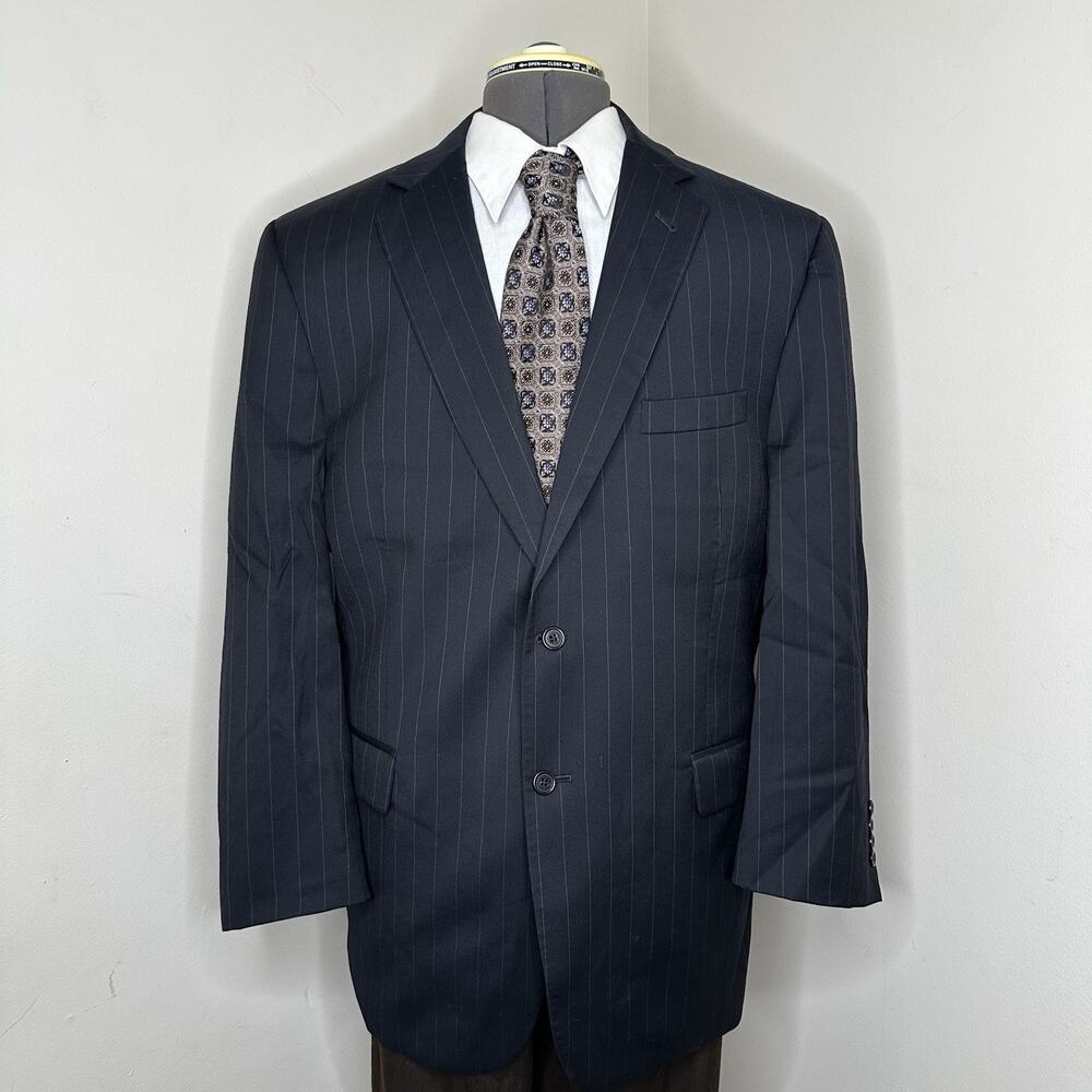 Jos A Bank Mens 44R Blazer Navy Blue Wool Striped 2XL 48" Sport Coat Suit Jacket